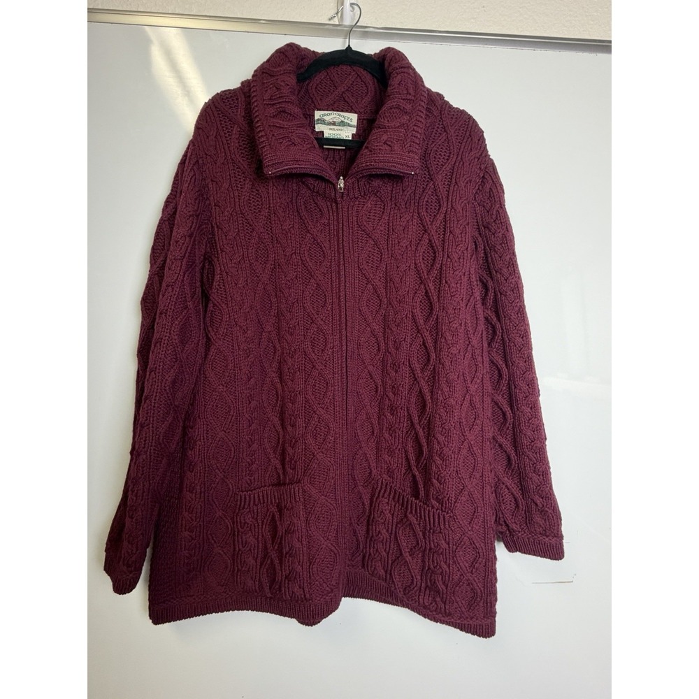 Aran Crafts Women Zip Front Merino Wool Sweater Size XL Navy Burgundy Cable Knit